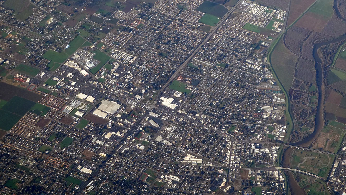 Aerial view of Yuba City and its agricultural grid.