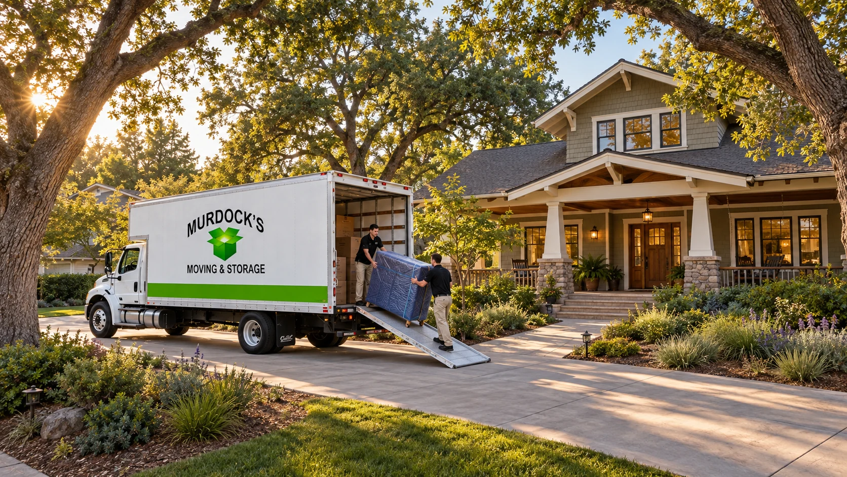 A branded moving truck and careful loading outside a Chico-inspired Craftsman home.