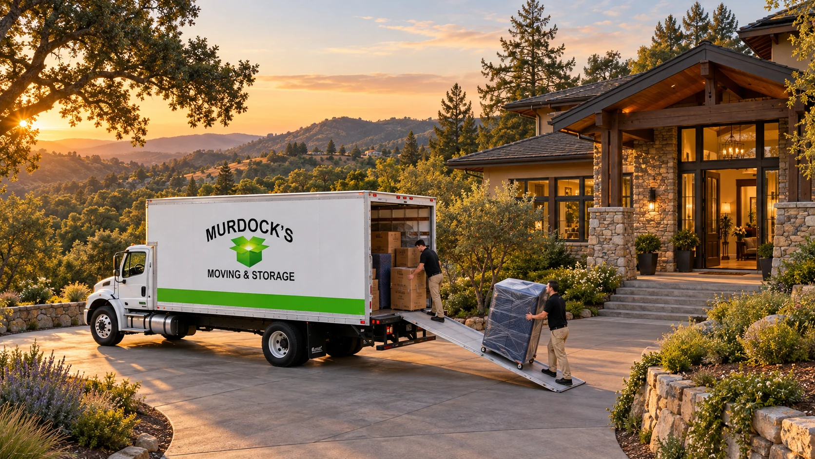 A moving truck and protected furniture outside an oak-lined California foothill home.