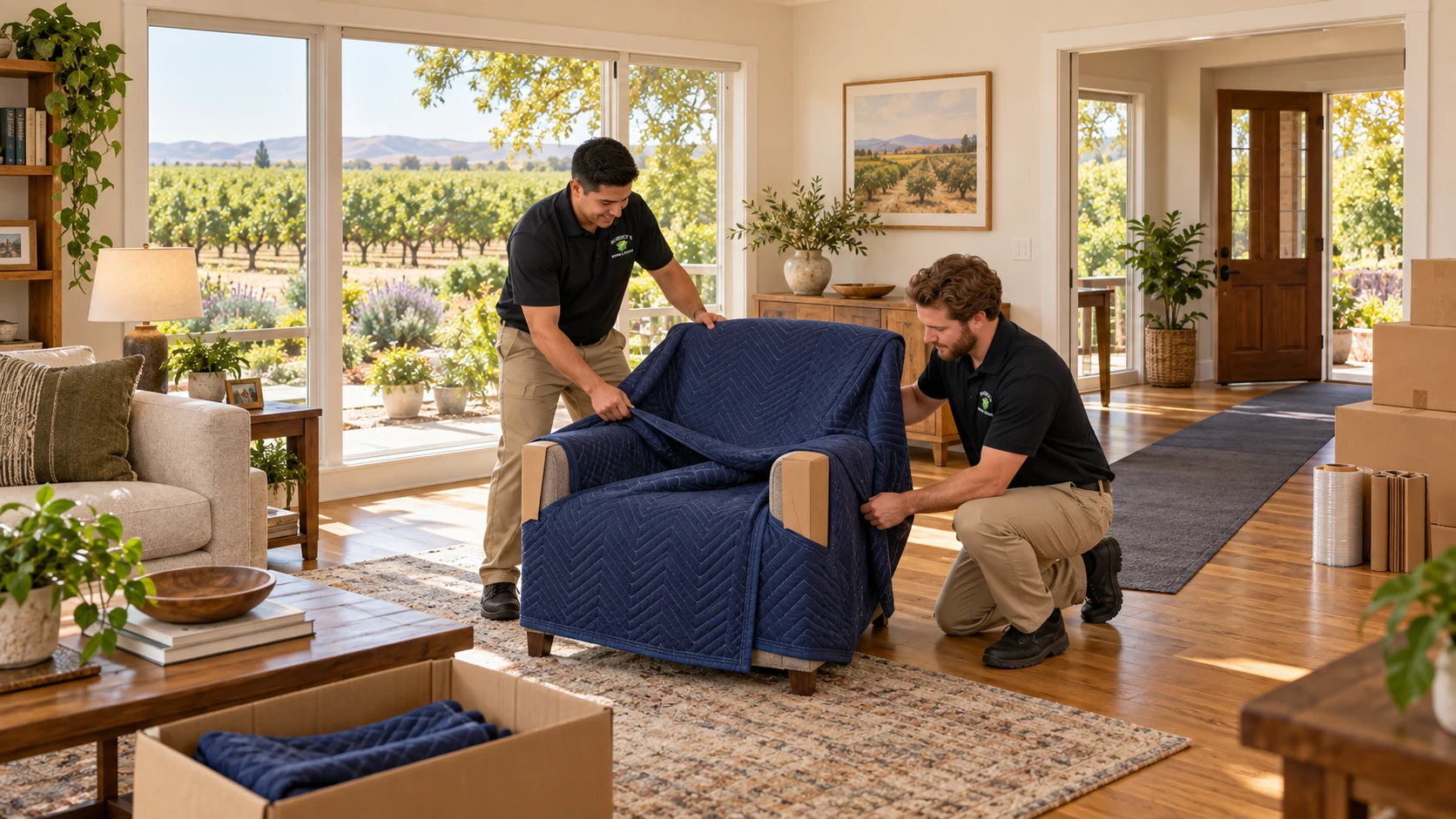 Movers padding an armchair inside a Yuba-Sutter-inspired ranch home.