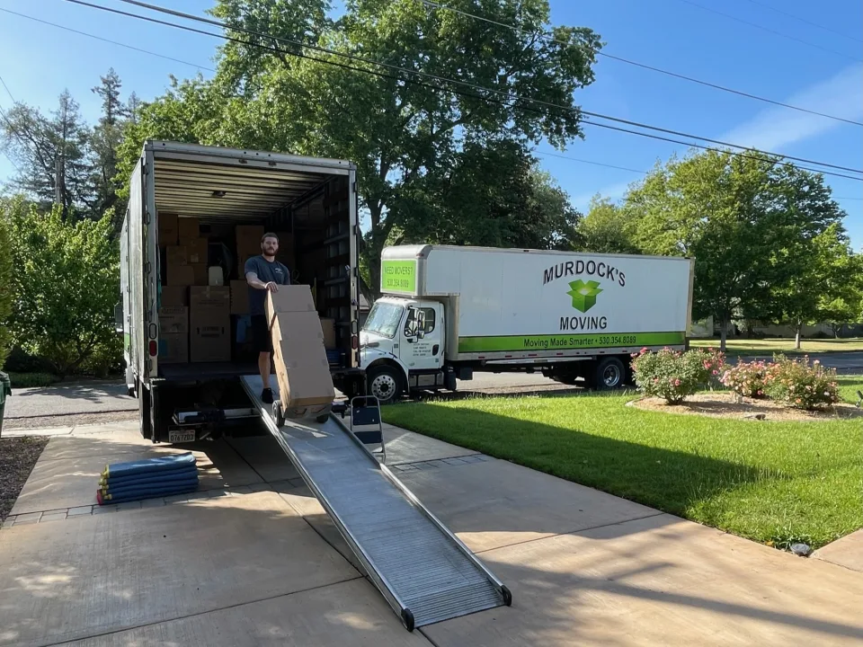 Murdock's Moving & Storage mover rolls a stack of boxes down the ramp of a moving truck outside a home